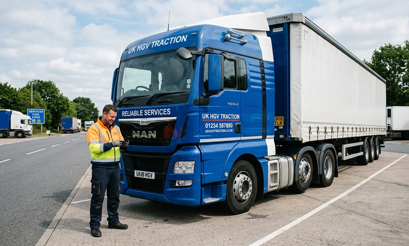 Reliable HGV traction services in the UK featuring a blue MAN truck unit hitched to a white trailer at a service station, with a professional driver in high-visibility clothing.